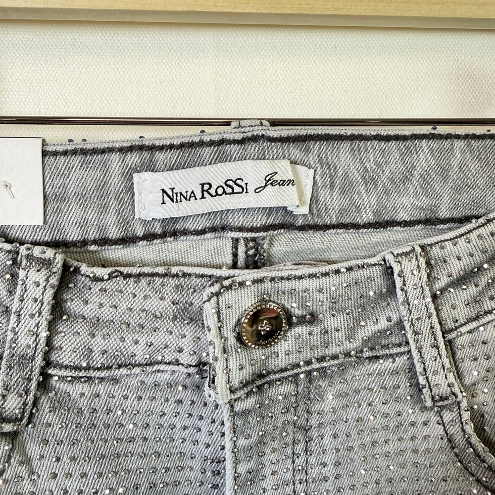 NINA ROSSI Grey Rhinestone Embellished Wide Leg Jeans S - Picture 4 of 8